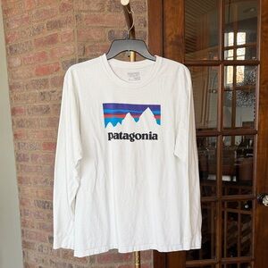 Patagonia White Long Sleeve Tee with Mountain Logo